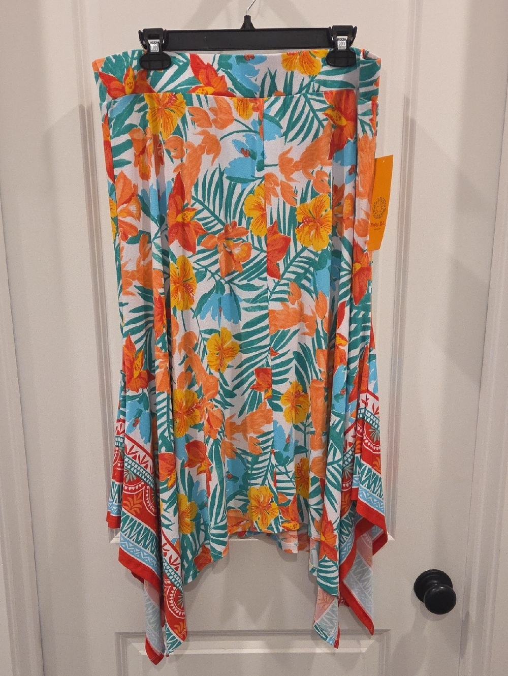 Ruby Rd. Floral Hanky Hem Skirt - Turquoise, Orange, Green